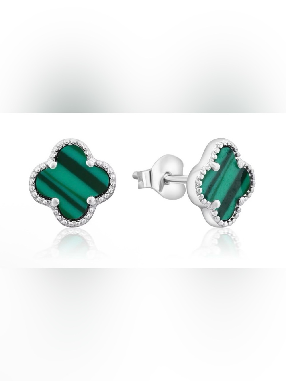 NWT 6MM Green Malachite & 925 Sterling Silver Clover Stud Earrings - Picture 2 of 5